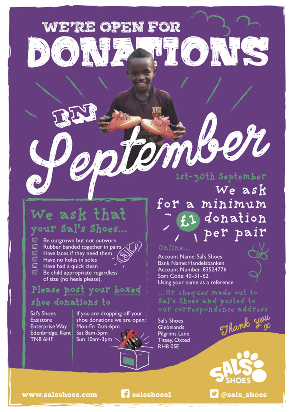 Sal’s Shoes charity purple poster
