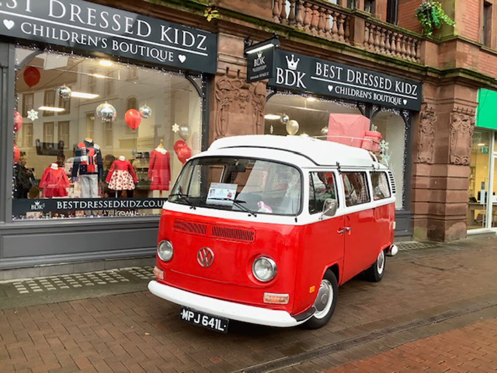 Red VW van outside Best Dressed Kidz store