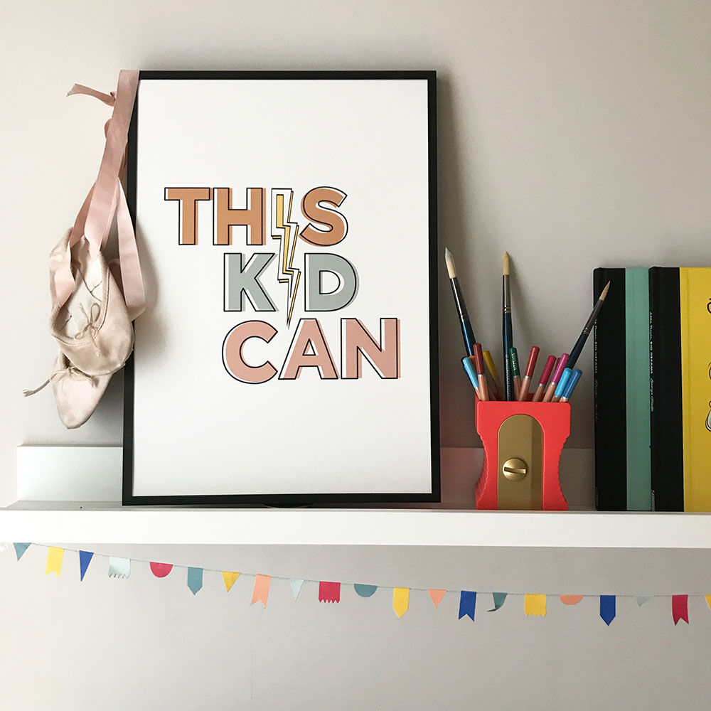 This Kid Can framed trend print on bookshelf