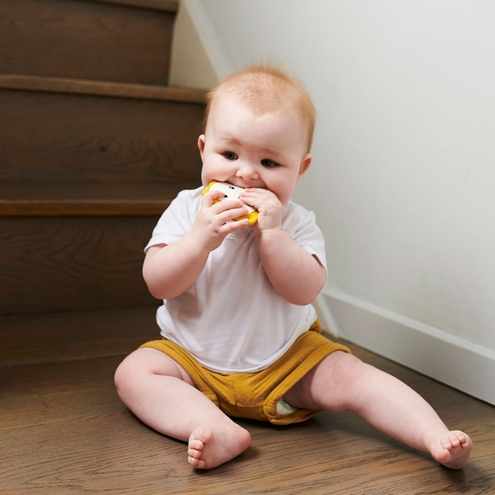 Baby with Matchstick Monkey teether in his mouth