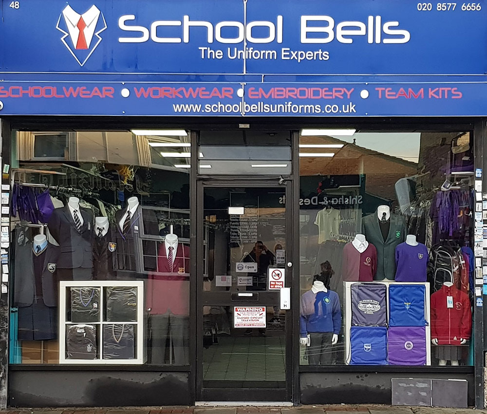 School Bells Shop front window and blue sign