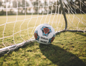 Football in sports net on grass