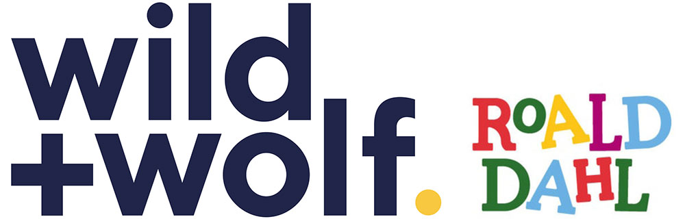 Blue Wild + Wolf logo and colourful Roald Dahl logo