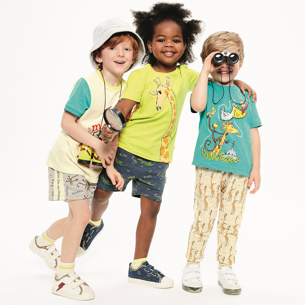 Three children in kidswear clothing for M&S