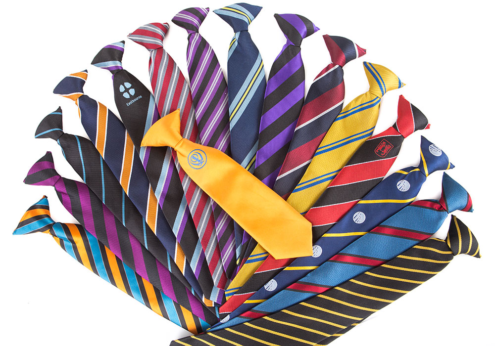 Colourful silk school tie in an arch
