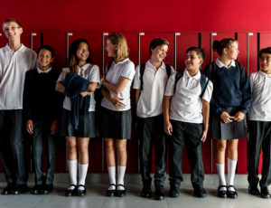 Row of children in school uniform