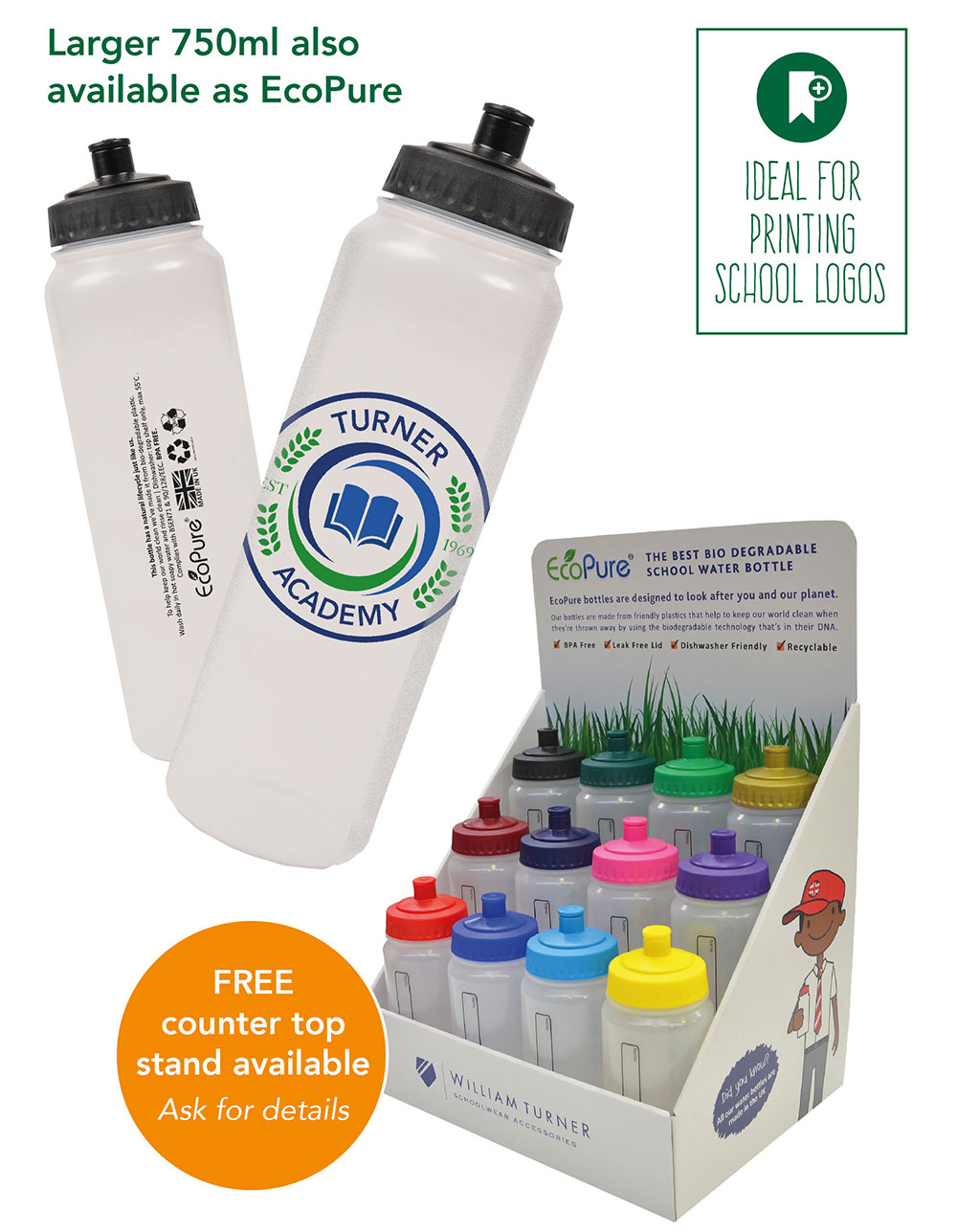 Plastic Eco water bottles with coloured tops