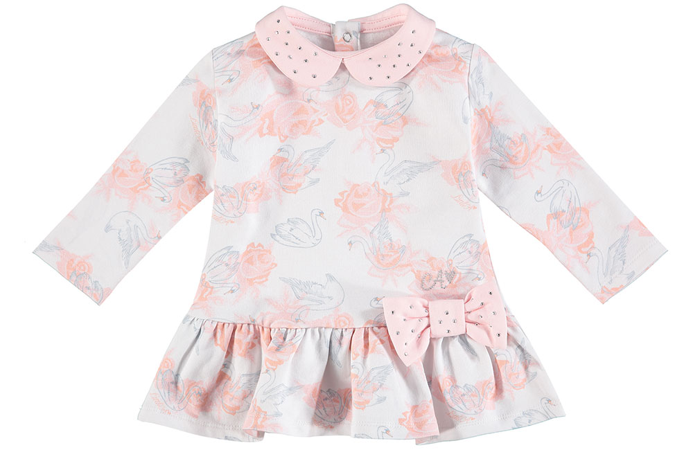 Pretty Little dress with pink roses and swans print