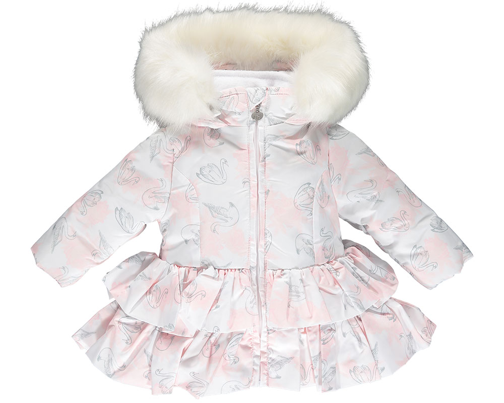 Pretty little coat with swan print and fur lined hood