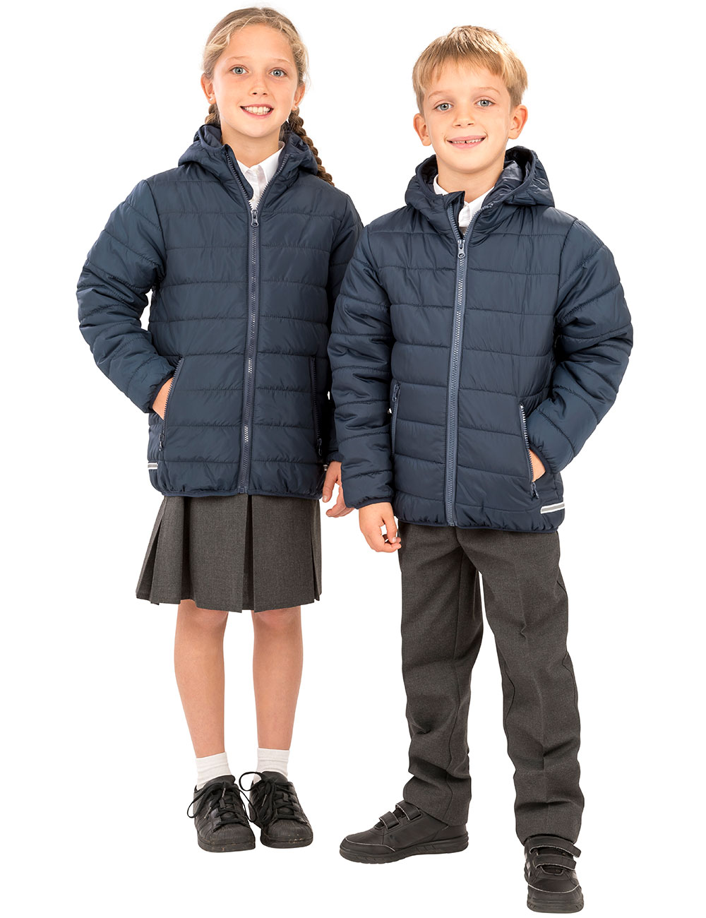 Boy and girl in blue school jacket