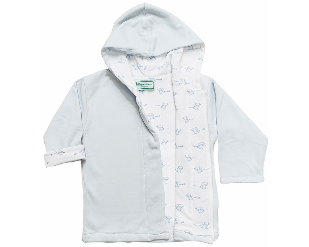 Pale blue hooded childs jacket with mouse print lining