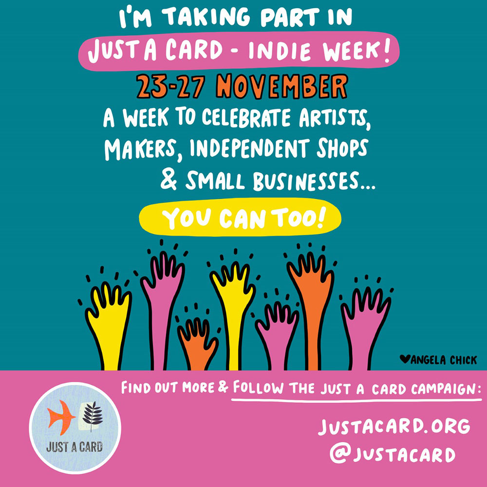 Advert for Just a Card Indie Week in bright colours