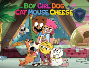 Colourful cartoon for BOY GIRL DOT CAT MOUSE CHEESE