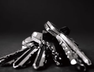 Black and white image of bunch of keys
