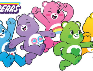Blue Purple Pink Green and Yeoow Care Bears jumping for joy