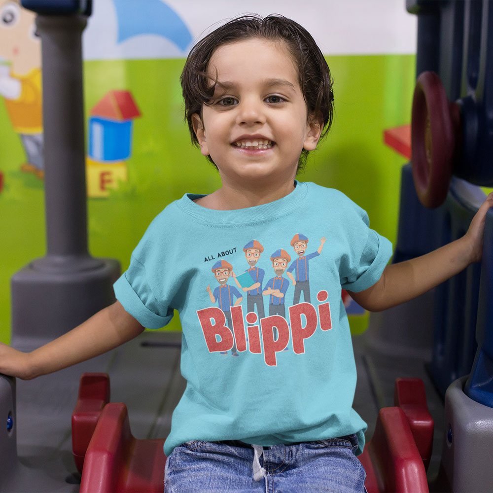 Child in blue Blippi T-shirt