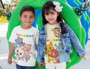 Boy and girl stood together wearing Cocomelon branded T Shirts