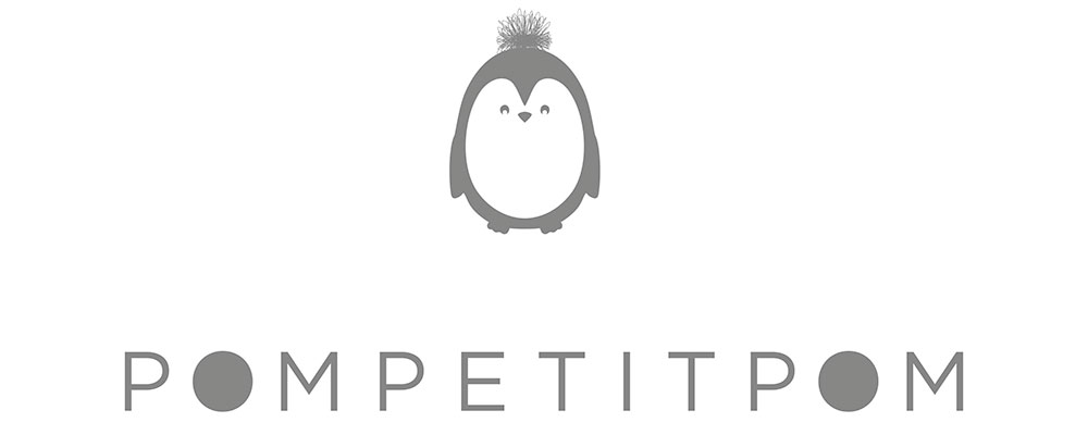 Pompetitpom grey logo with penguin illustration