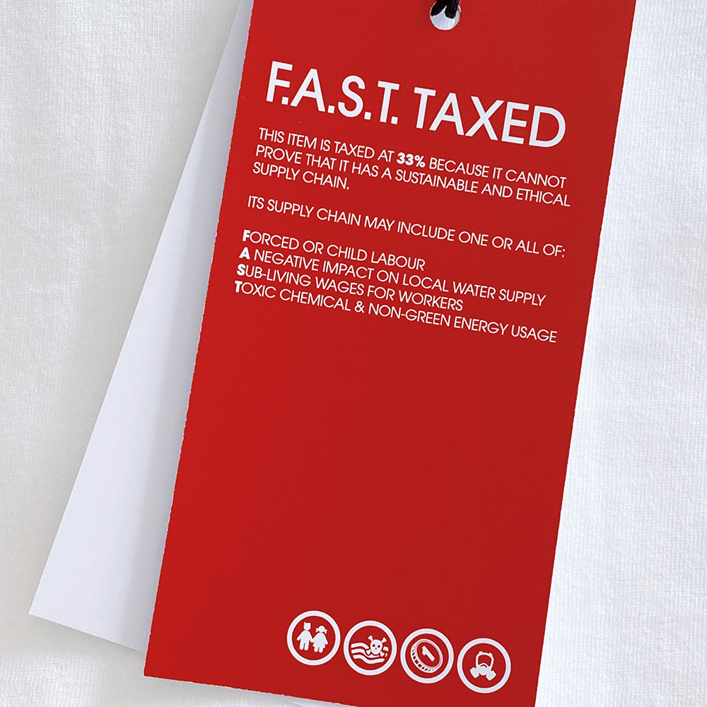 Red F.A.S.T Taxed swing tag with white text