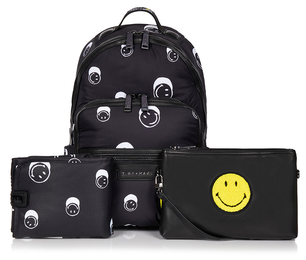 Black matching Tiba + Marl bags with yellow smiley face logo