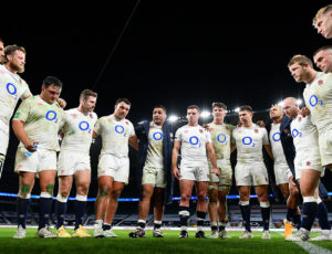 Line up of England Rugby Union team in white Umbro branded kit