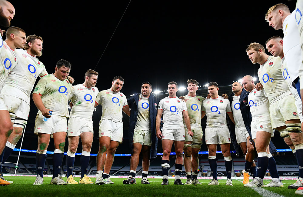 Line up of England Rugby Union team in white Umbro branded kit