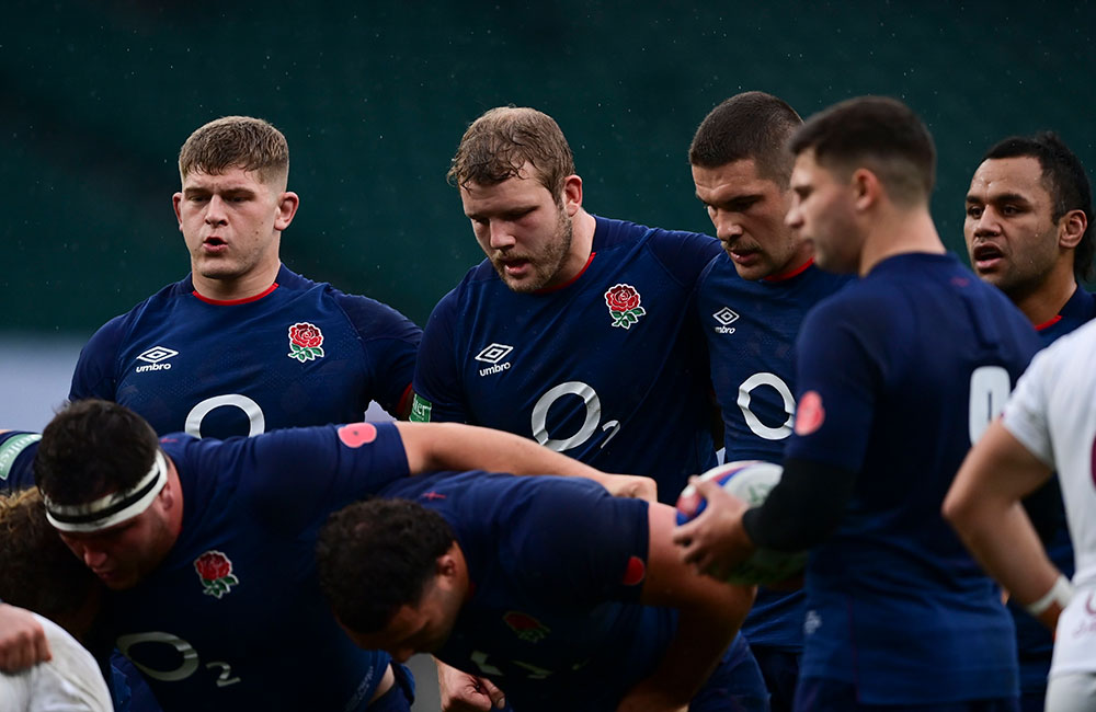 Players of England Rugby Union team in blue Umbro branded kit