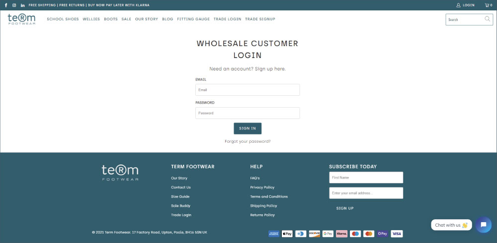 Term Footwear's new B2B trade website