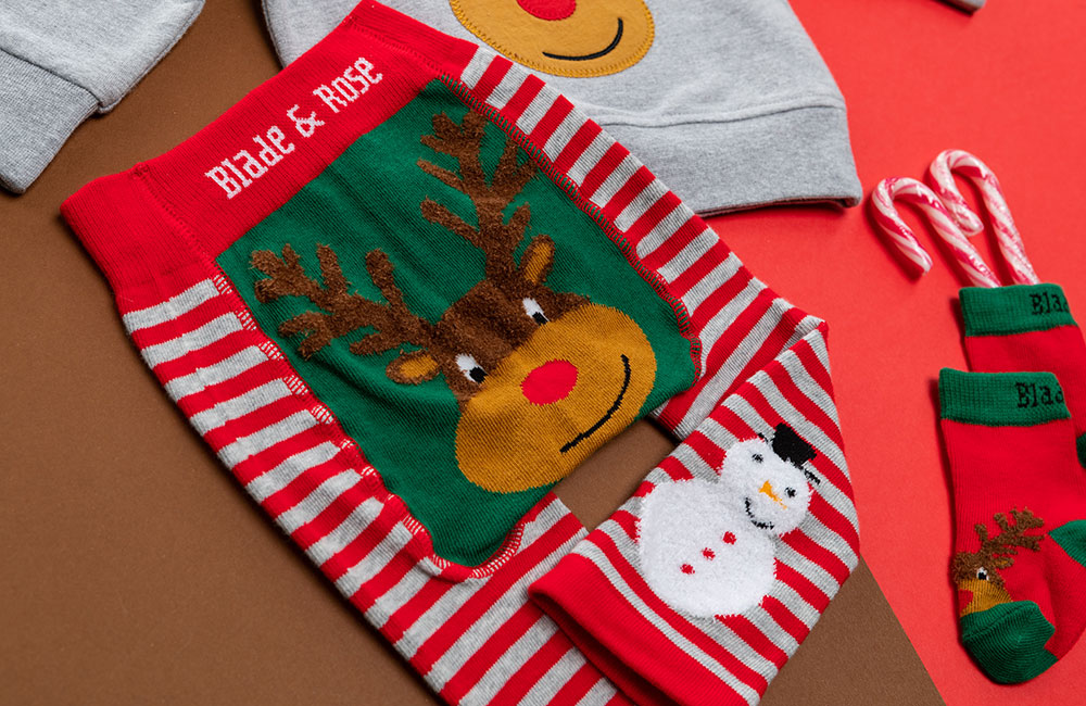Reindeer image on Blade & Rose leggings with Santa socks