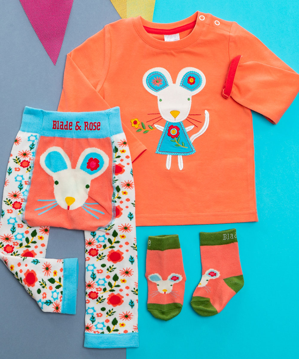 Blade & Rose leggings socks and top in orange and blue with mouse image