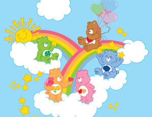 Colourful Care Bear with rainbow and clouds