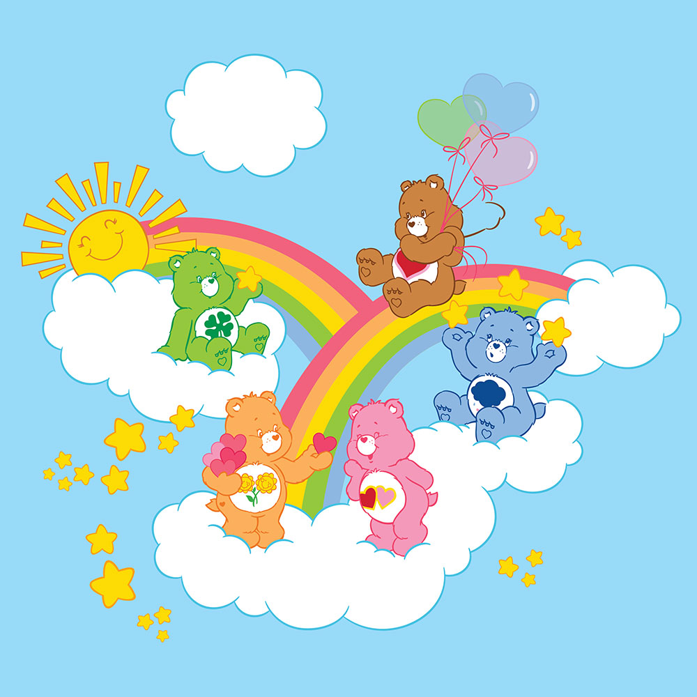 Colourful Care Bear with rainbow and clouds