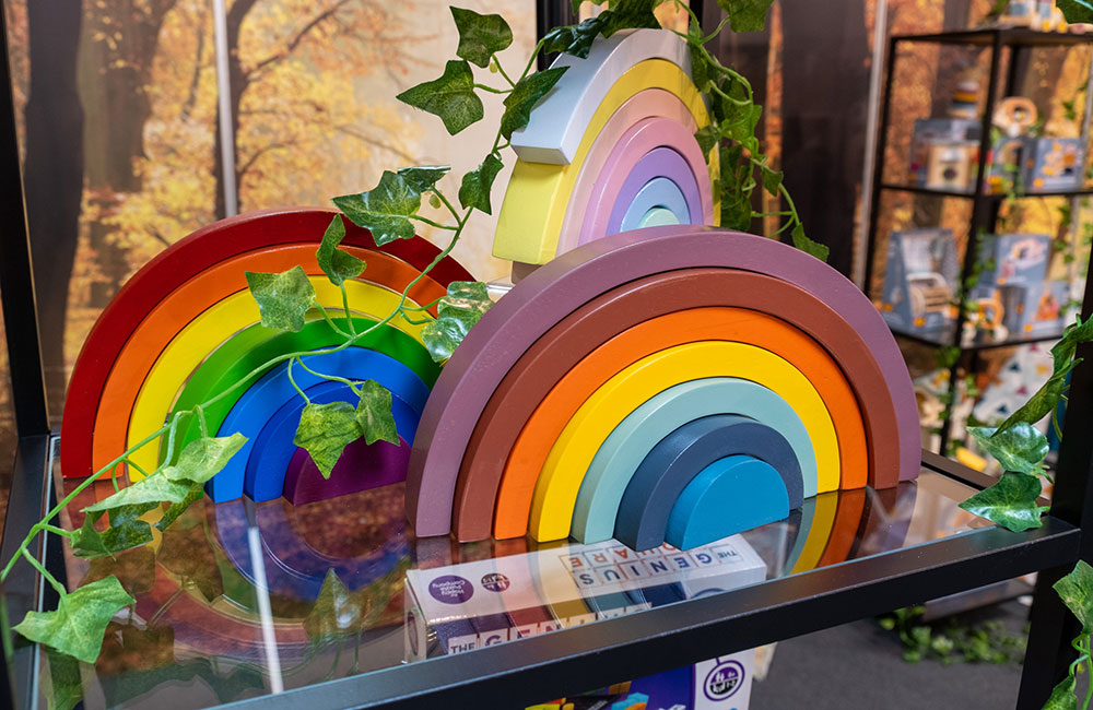 Childrens rainbow building block toys aon glass shelf - INDX Toys & Nursery