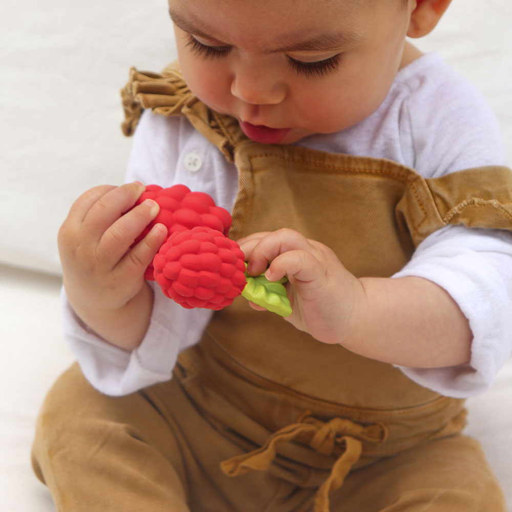 Baby boy holding red strawberry from Oli&Carol Nuts and Forest Fruits collection