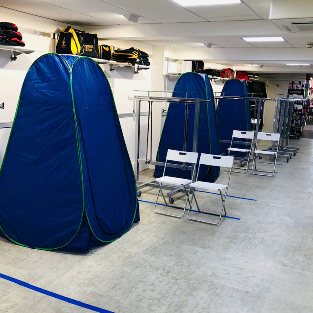Stevensons warehouse with blue pop up retail tent
