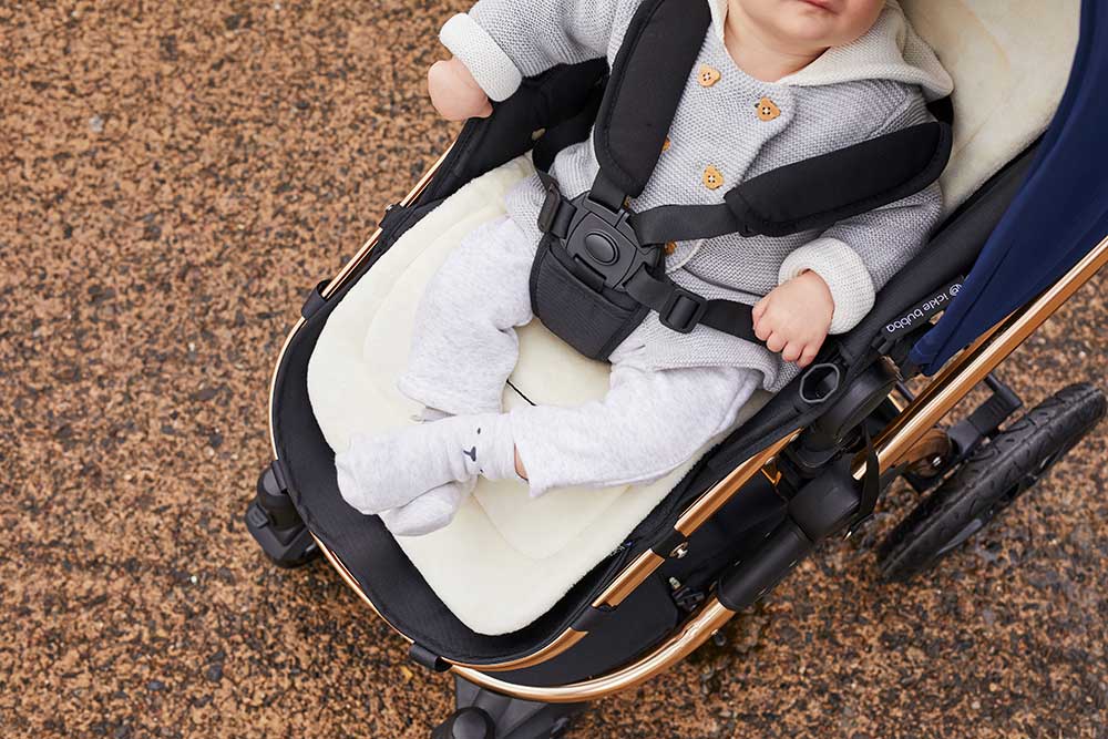 A baby strapped into a pushchair