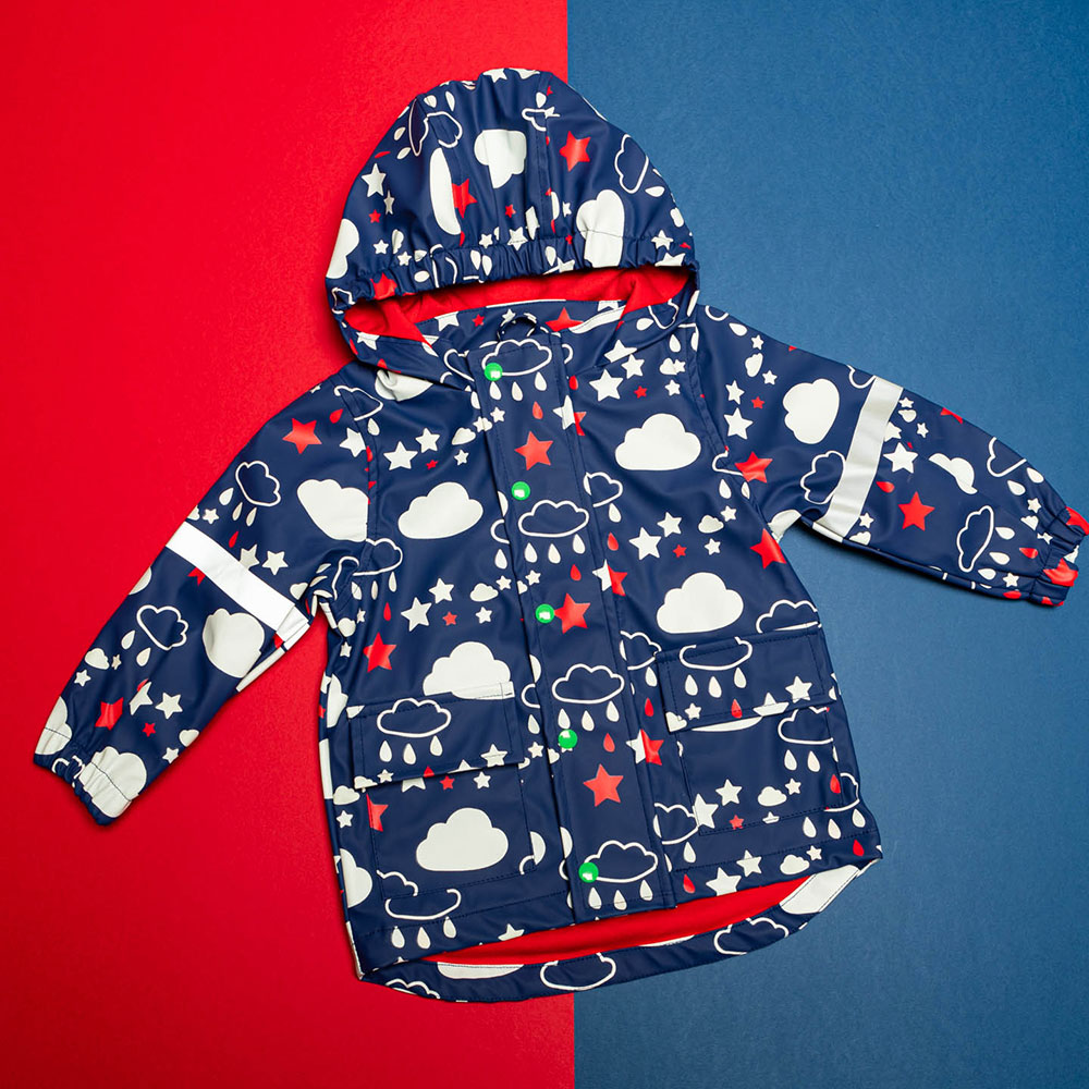 dark blue childs raincoats with weather print pattern