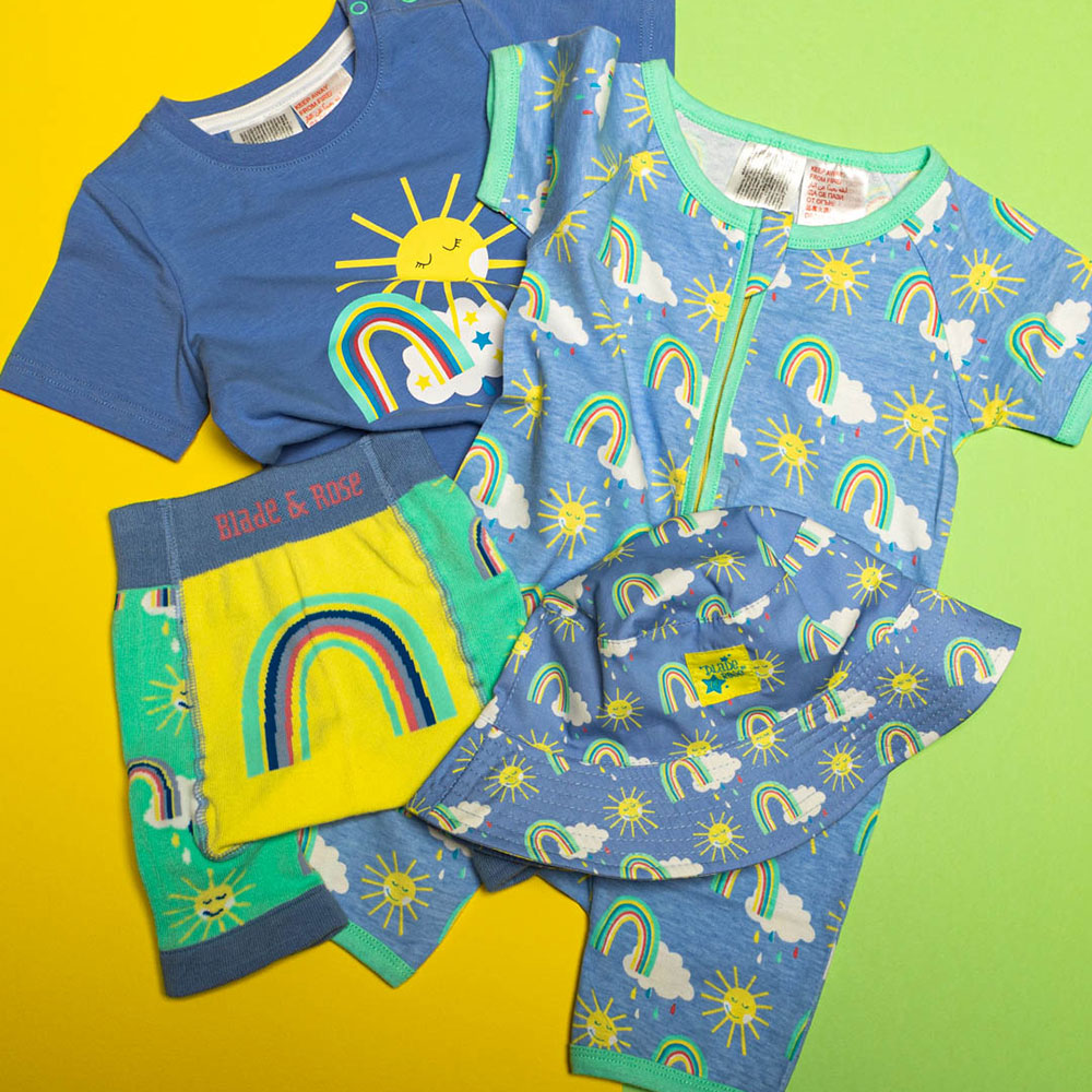 Colourful Blade & Rose kids clothing on green and yellow background