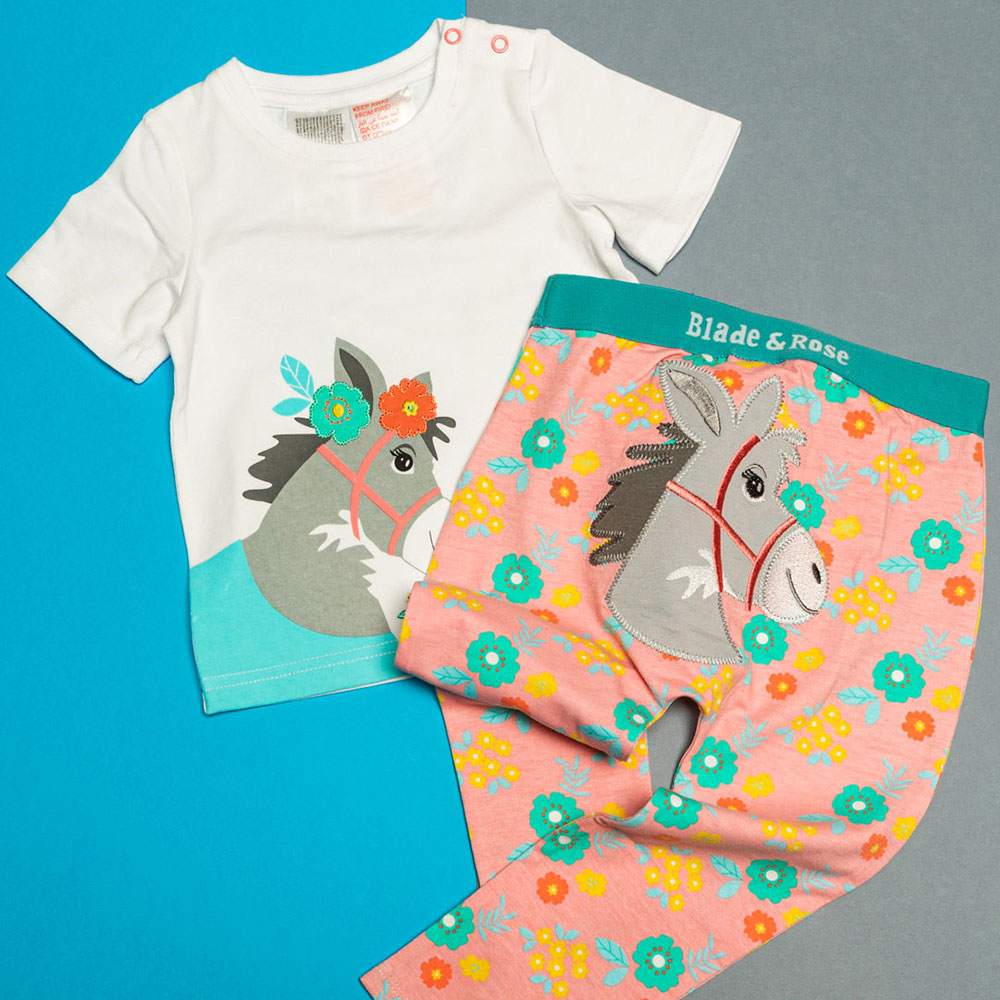 Colourful Blade & Rose kids clothing on green and grey background