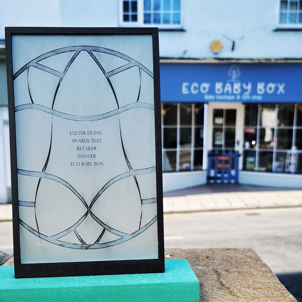 Glass Retail award in foreground with Eco Baby Box store behind