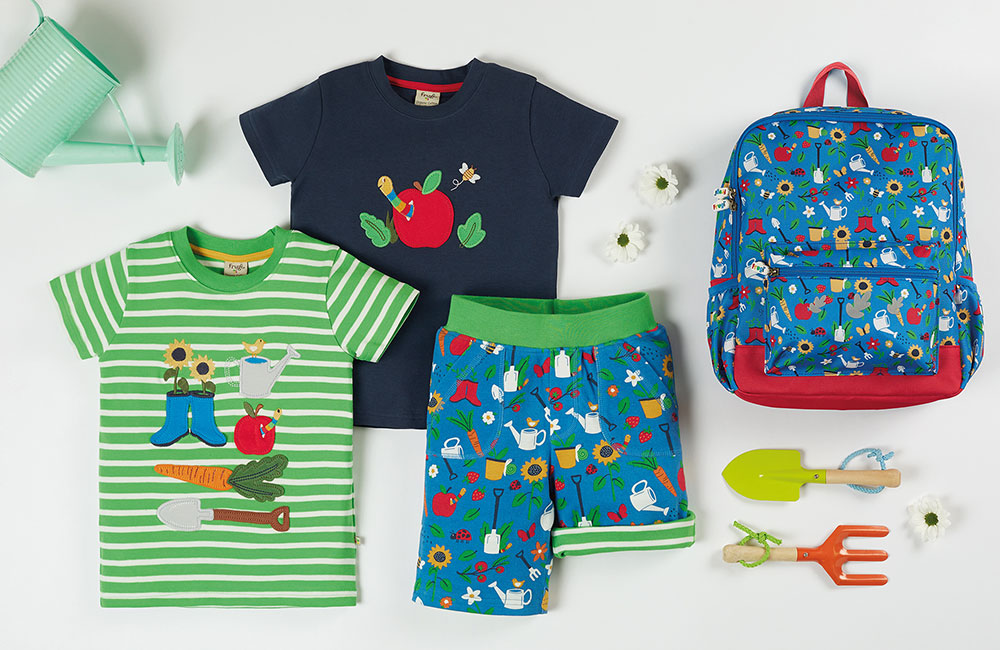 Colourful childrens clothes by Frugi with Garden Growers print design