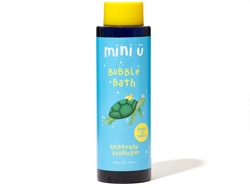 Mini U Bubble bath in blue bottle with turtle image