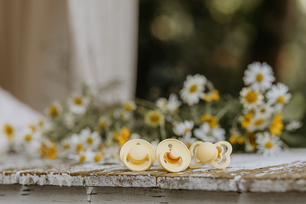 Three pacifiers laid next to each other in front of some flowers