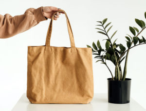 A reuseable cotton shopping bag being held up next to a pot plant