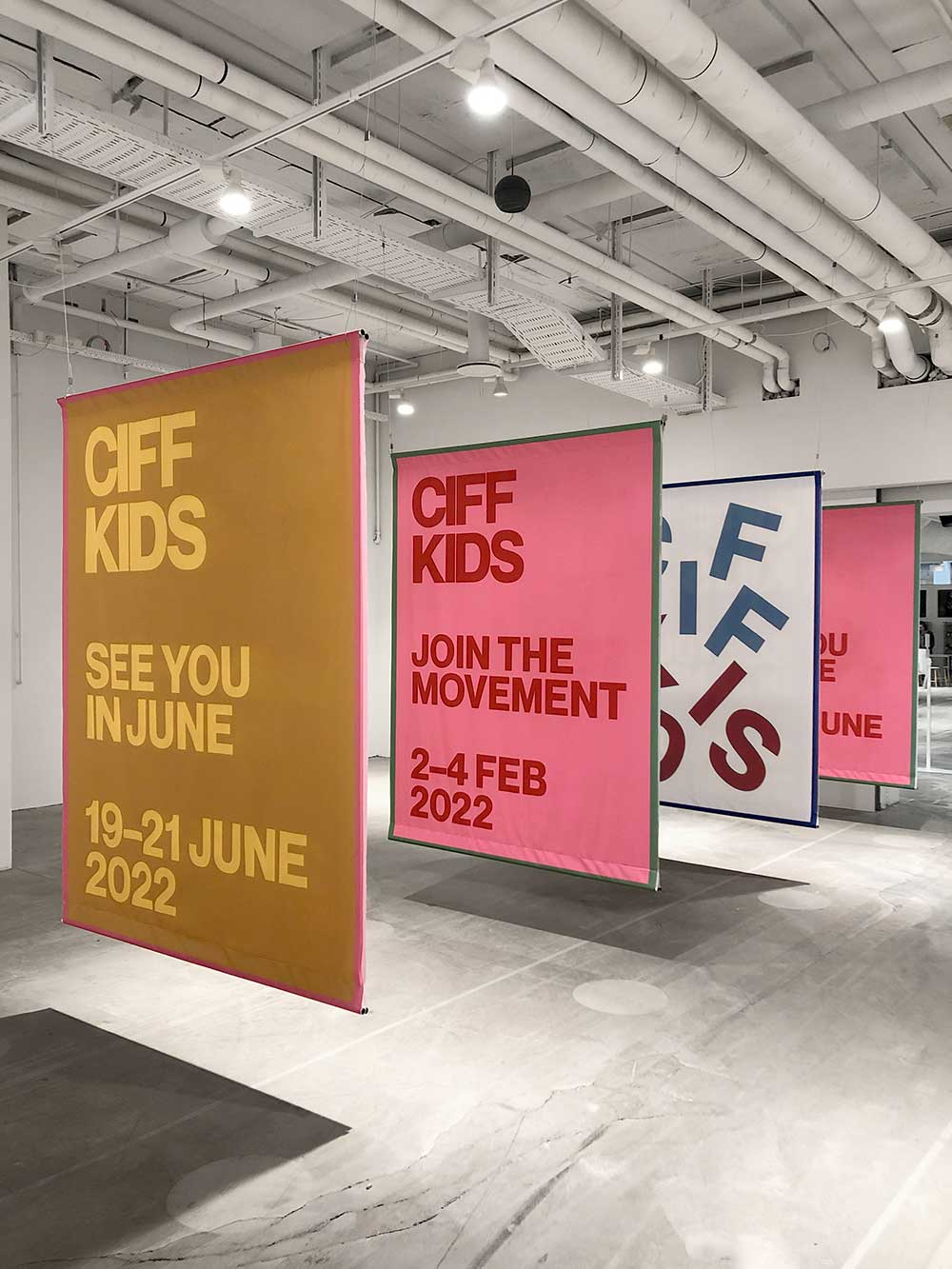 CIFF Kids Banners hanging from the ceiling