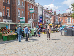 British High street in summer with independent shops