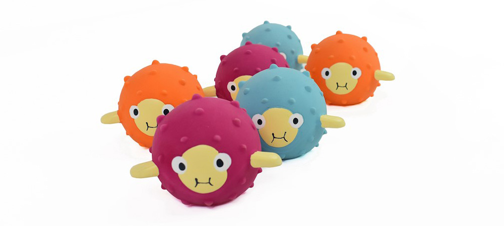 Six floating pufferfish water toys in different colours