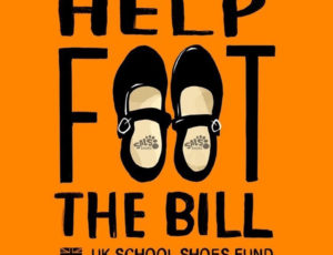 Orange and black advert saying help foot the bill with black shoes illustration