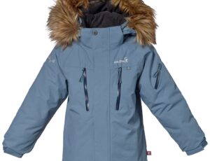 Blue Isbjorn of Sweden coat with faux fur around the hood and using PrimaLoft insulation