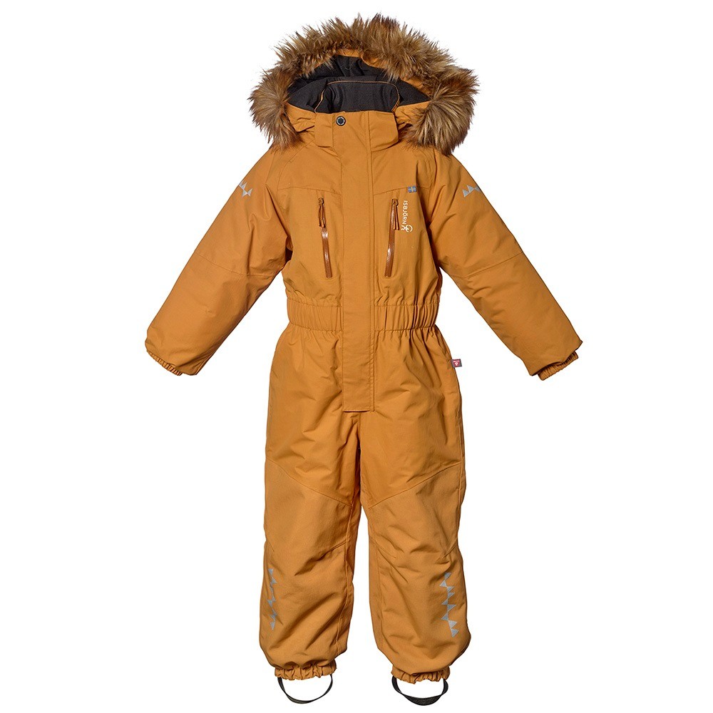 Mustard coloured kids' outerwear jumpsuit with fur around the hood 
